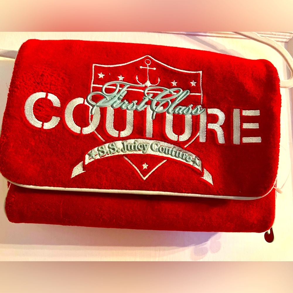 90s/Y2k Red Velour “First Class S.S. Juicy Couture” travel bag w/ compartments